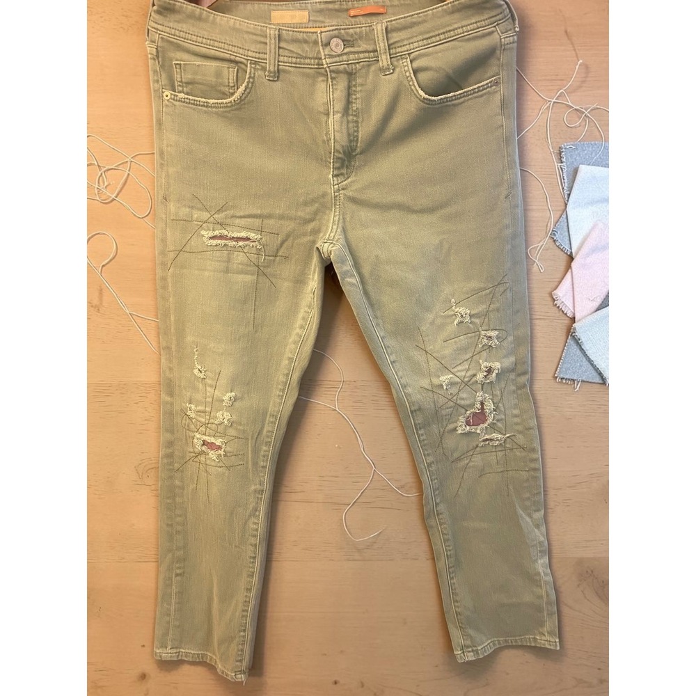 Pilcro Distressed Geometric Stitch Stretch Sage Green Jeans Women's 30X29
